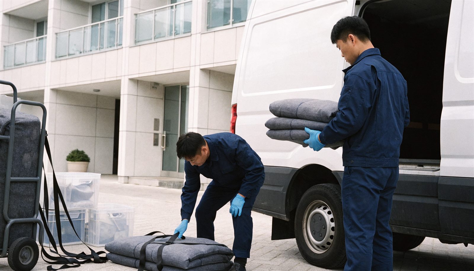 차량 옆에서 작업 순서를 확인하는 현장 정리팀